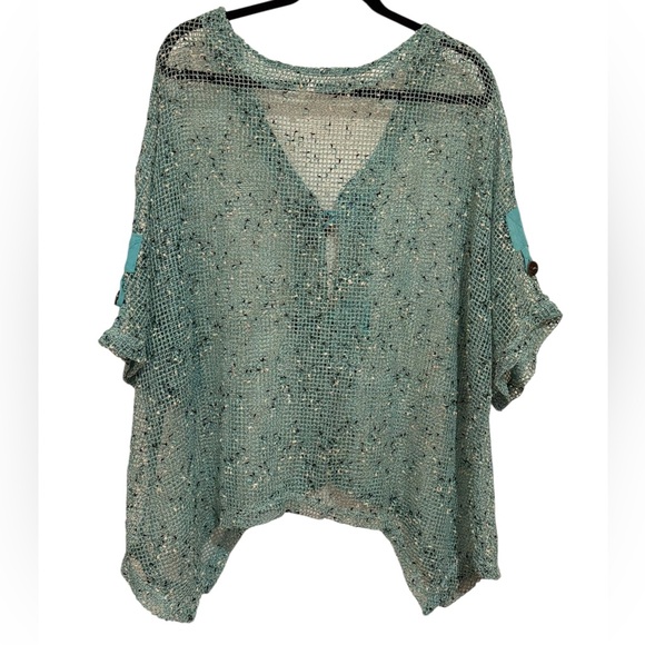 Unique Teal Knit Cardigan Overpiece with Wood Button Details - Picture 2 of 8